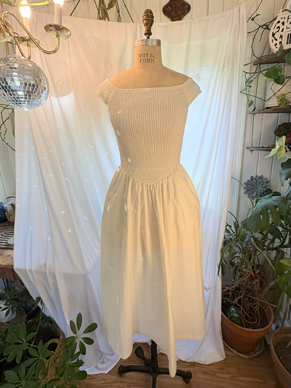 Free People XS Ivory Cotton Smocked Drop Waist Shoulder Midi Dress Pockets NWT
